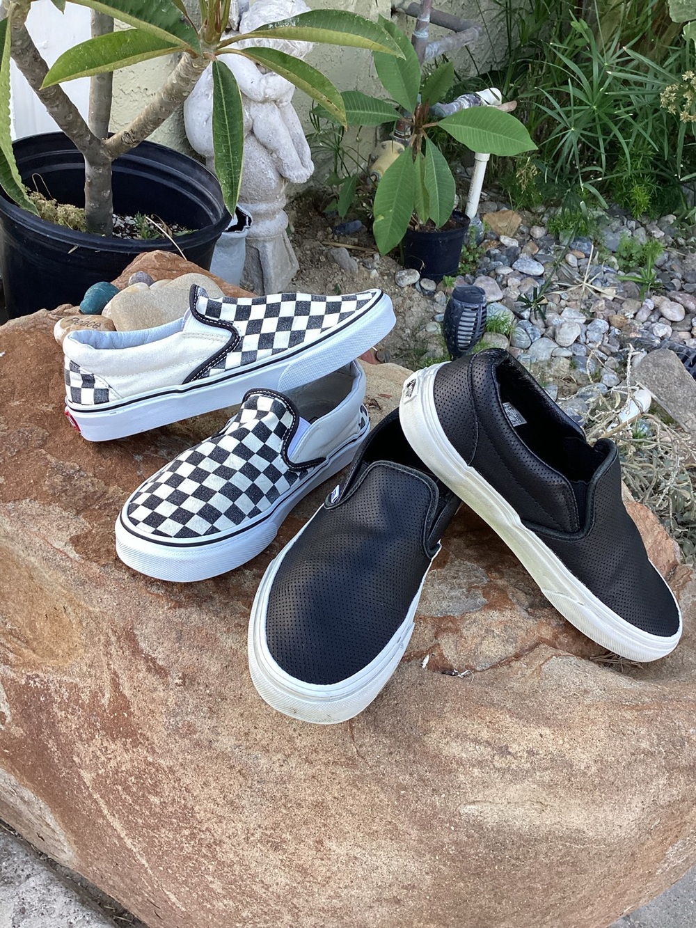 Vans Slip-On Duo — Black Checkerboard & Solid Black Leather. Can fit youth 5.5